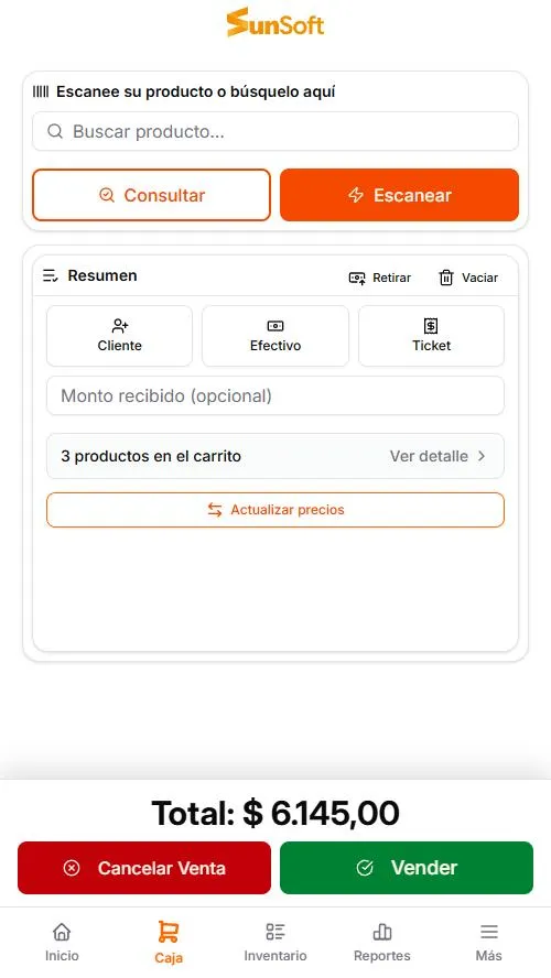 Captura de la caja de SunSoft miPOS en el celular